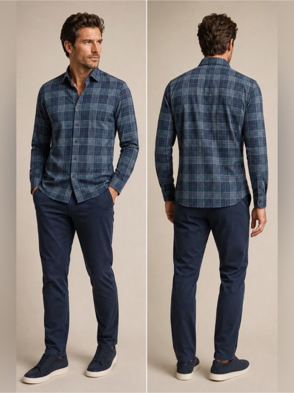 DeSoto Plaid Jersey Knit Button-Up Shirt XL Blue Made in Europe NWT
